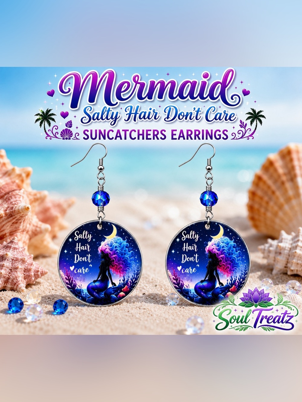 Mermaid 'Salty Hair Don't Care' Blue/Purple Drop Crystal Earrings